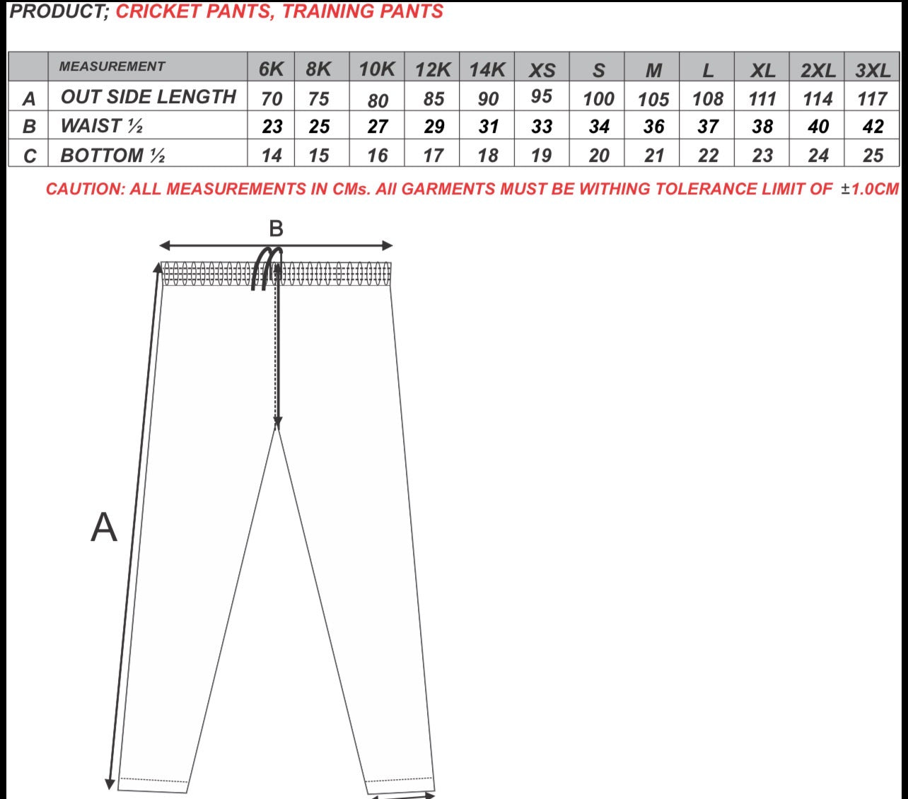 Size chart for Mitcham Cricket Club Black Trousers I JUNIORS