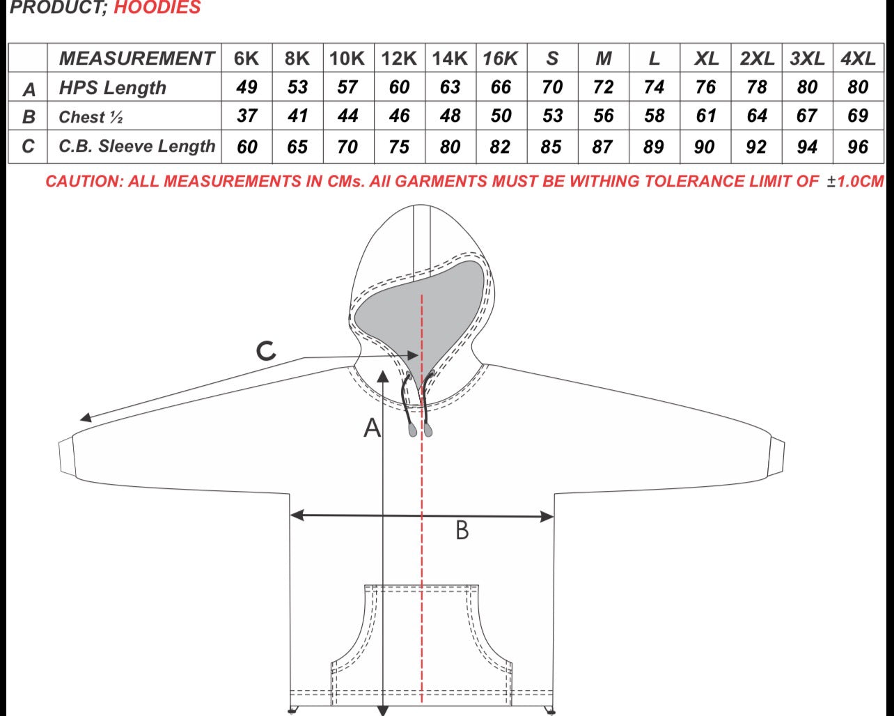 Size chart for Mitcham Cricket Club Hoodie