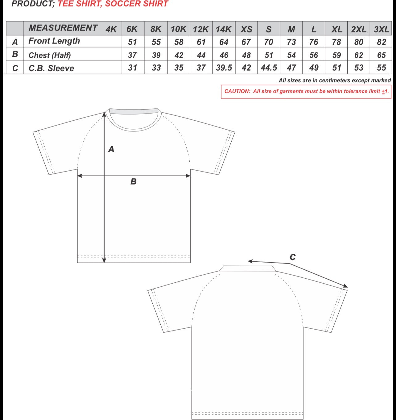 Size chart for Williamstown Colts Training Shirt Short Sleeve I SENIORS