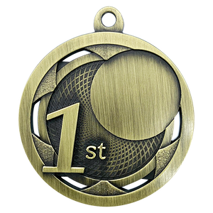 Shiny 1st Place Gold Medal featuring a detailed border design and a blank 25mm center recess for custom inserts.