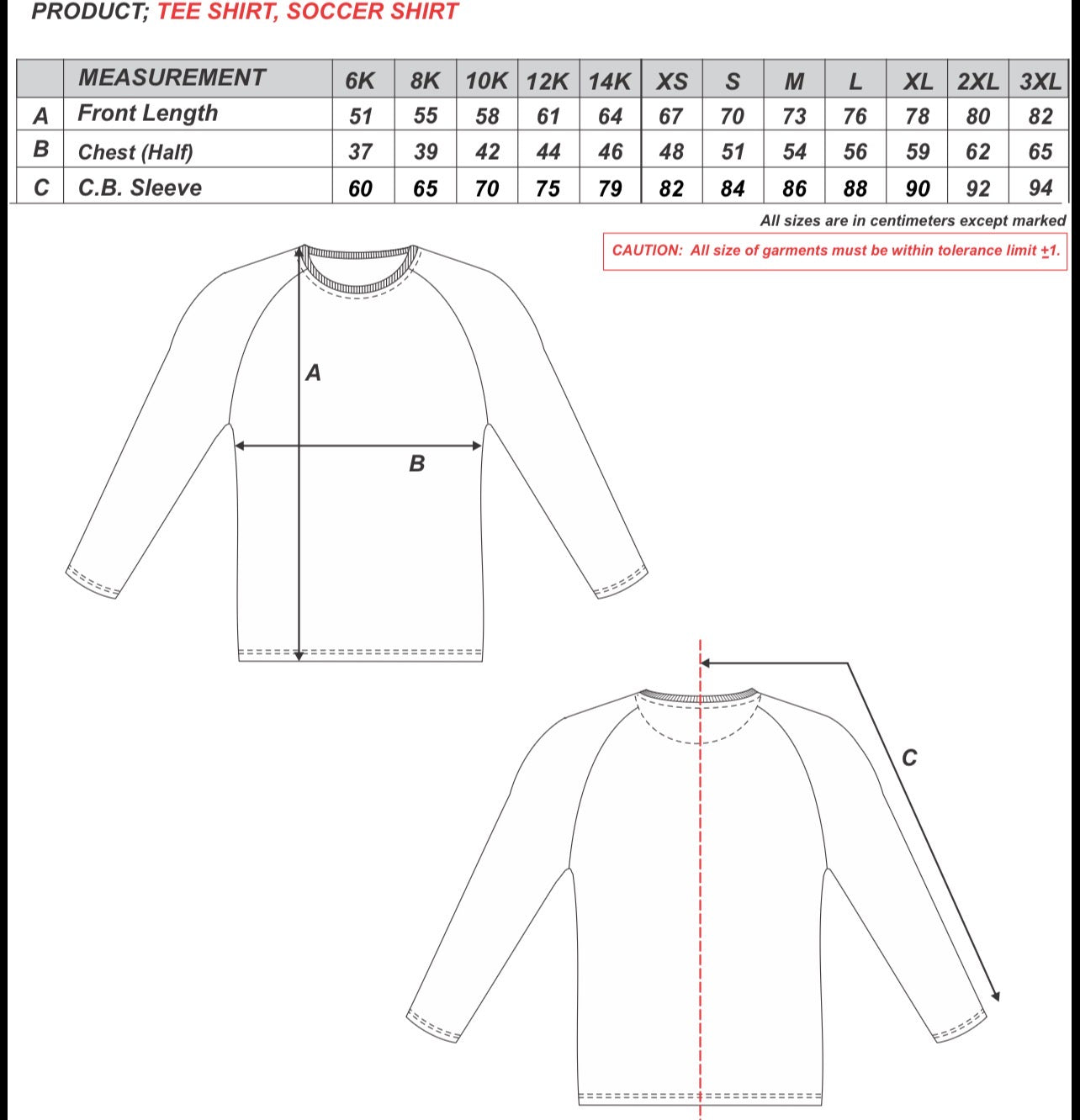 Size chart for Williamstown Colts Long Sleeve Training Shirt I SENIORS