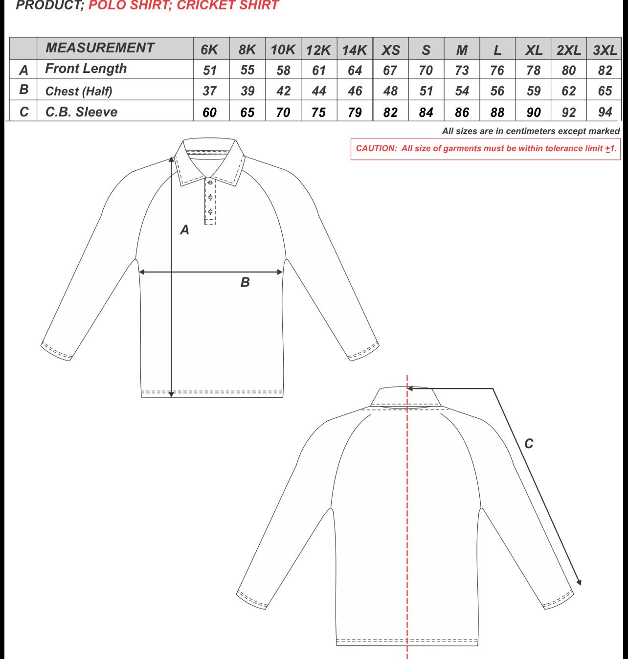 Size chart for Silverton Cricket Club White Playing Shirt Long Sleeves I SENIORS