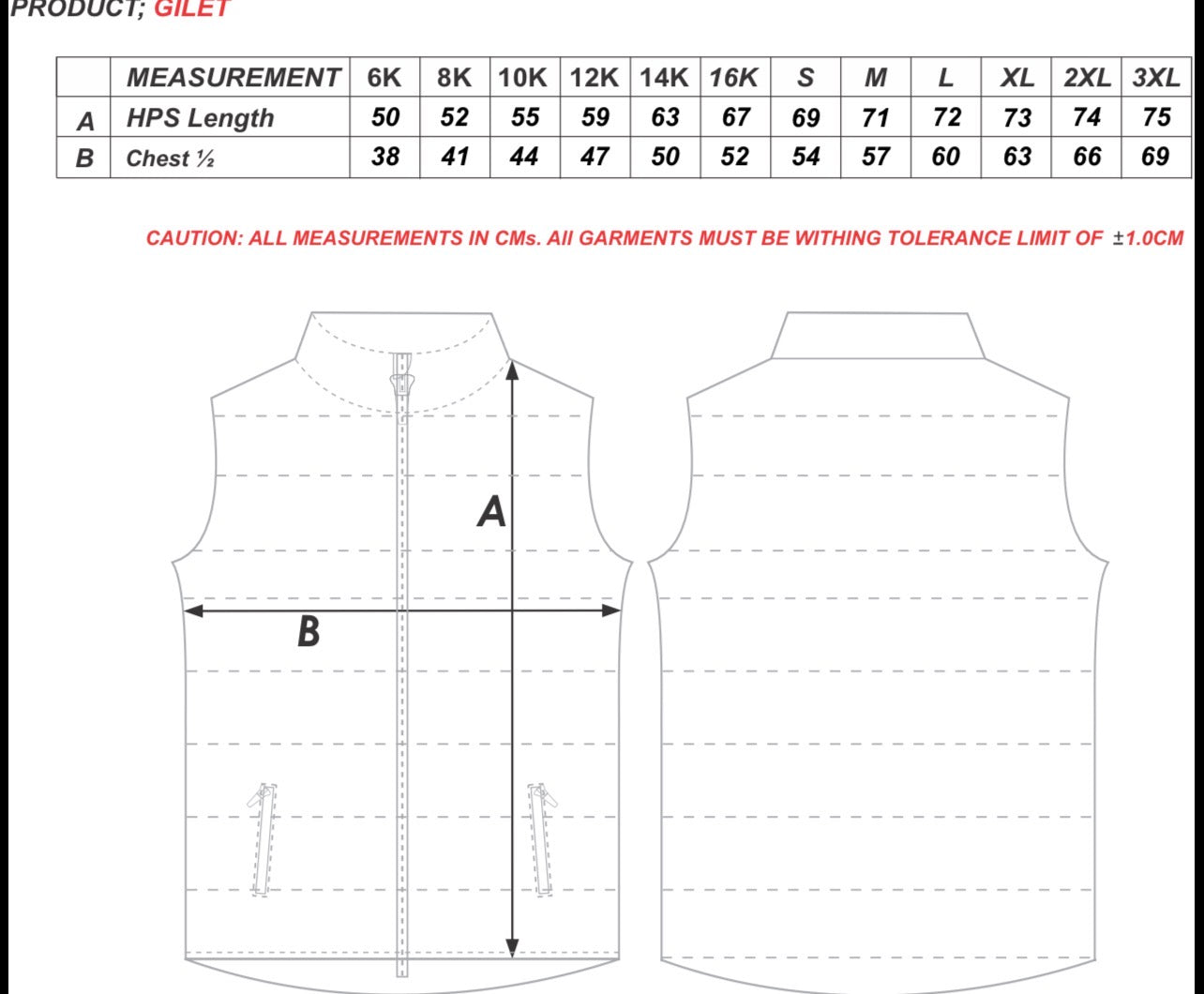 Size chart for Mitcham Cricket Club Puffer Vest