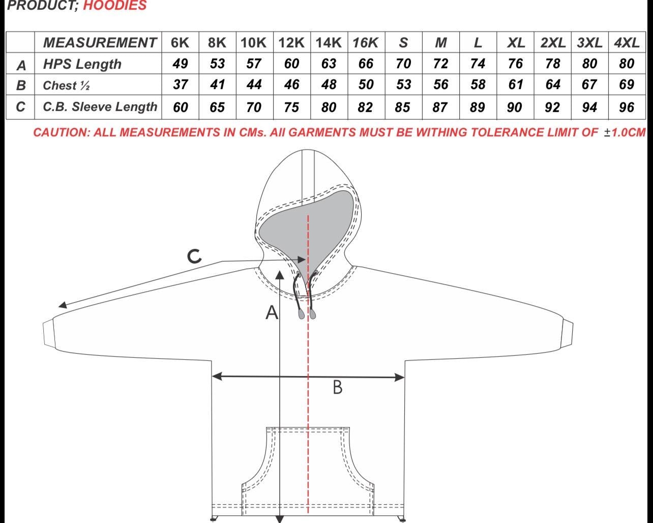 Size chart for Monash Morrow Hoodie