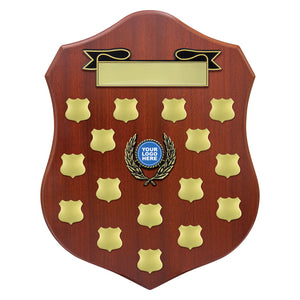 Anthology Shield Perpetual crafted in classic walnut timber veneer with customizable winner plates and logo section