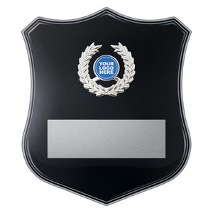 Archer high-gloss black shield trophy award with custom silver engraved logo plate