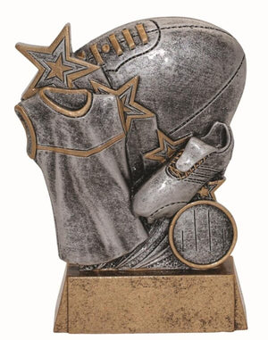 Astra Series Australian Rules trophy featuring a detailed AFL ball motif and star background with custom engraving plate.