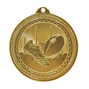 Gleaming gold 50mm Australian Rules football budget sculptured medal with detailed 3D footy design and top ribbon loop.