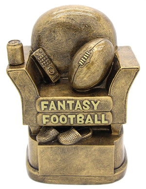 Antique gold Australian Rules Fantasy Football novelty trophy featuring fun fantasy AFL details on an engraved base.