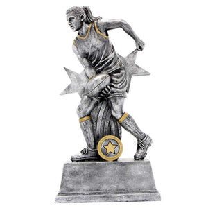 Female Australian Rules pewter trophy featuring an AFLW player in action on a solid base with a custom engraving plate.