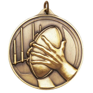 Heavyweight gold award medal with a 3D sculptured relief depicting an Australian Rules footy player in action.
