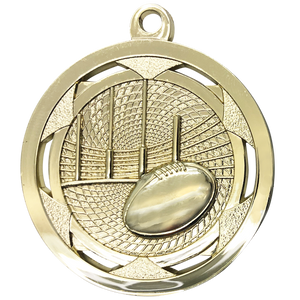 Mirror-finish shiny gold Australian Rules Football award medal featuring a 3D sculptured footy player in motion and top ribbon loop.