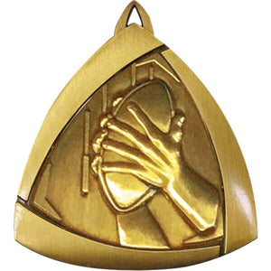 Shiny gold triangular award medal featuring a high-relief Australian Rules football scene and top ribbon loop slot.