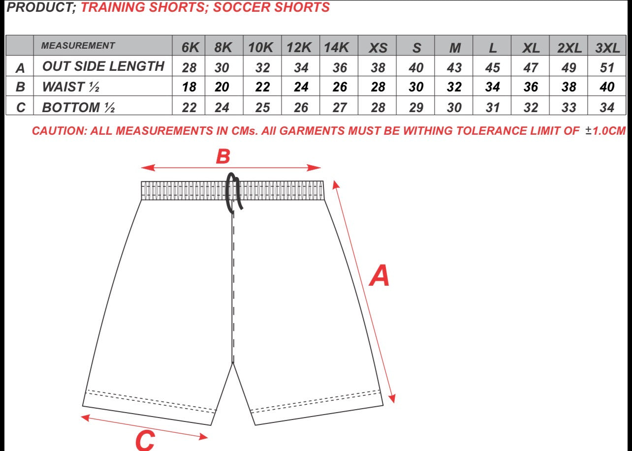Size chart for Mitcham Cricket Club Training Shorts