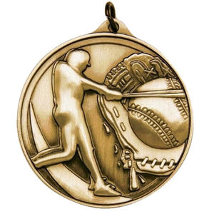 Detailed sculptured gold baseball award featuring a dynamic player figure and custom engraved base plate.