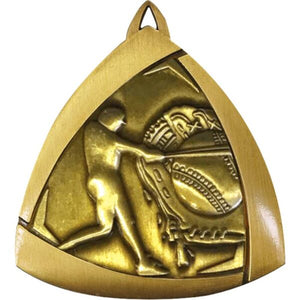 Gold triangular baseball award featuring a detailed relief design of a baseball player and custom engraved plate.