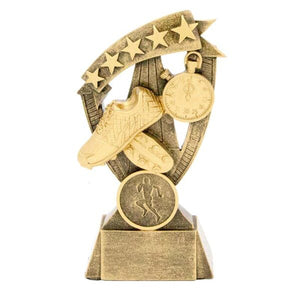 Banner Series athletics trophy featuring track and field motion graphics with customizable center insert and engraved plate base.