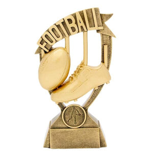 Antique gold Banner Series Australian Rules Football trophy featuring a player in action with decorative banner accent and custom engraving plate.