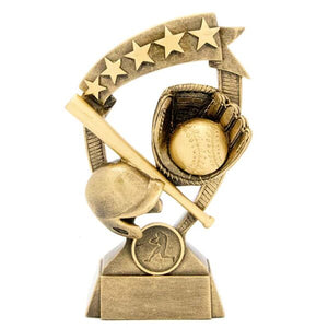 Banner Series antique gold baseball trophy featuring a dynamic ribbon banner background and custom laser-engraved plate on a solid base.