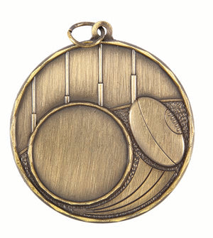 Antique gold Cardinal Series Australian Rules insert medal displaying a detailed AFL theme and a 25mm central recess for custom logo inserts.