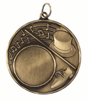 Antique finish Cardinal Series dance insert medal featuring a central 25mm dance emblem insert framed by a classic metallic border