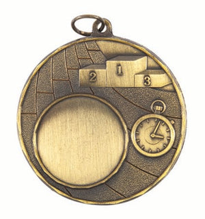 Cardinal Series Track Insert Medal in antique gold featuring a custom track and field center graphic inside a bold framed rim