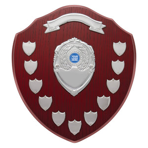 Cavalier Perpetual Shield award featuring stainless steel side plaques, top banner ribbon, and backstand