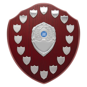 Chivalry Perpetual Shield award with stainless steel side shields, central emblem plate, and display backstand