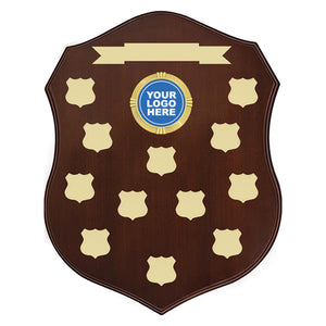 Classic Shield Perpetual Award trophy with header plate for custom logo and multiple annual winner date plates