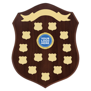 Classic Shield Perpetual Award trophy with header plate for custom logo and multiple annual winner date plates