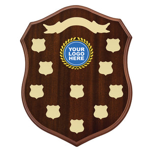 Classic Shield Perpetual Award trophy with header plate for custom logo and multiple annual winner date plates