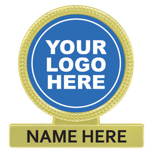 Command Bar Badge in traditional bright gold finish with intricate patterned border framing custom logo insert and text