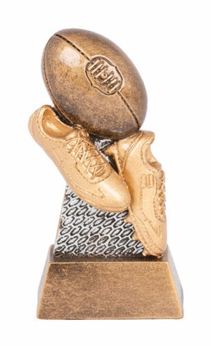 Cyber Series Australian Rules trophy with antique gold and silver trim, featuring custom logo space and engraved plate on a solid base.