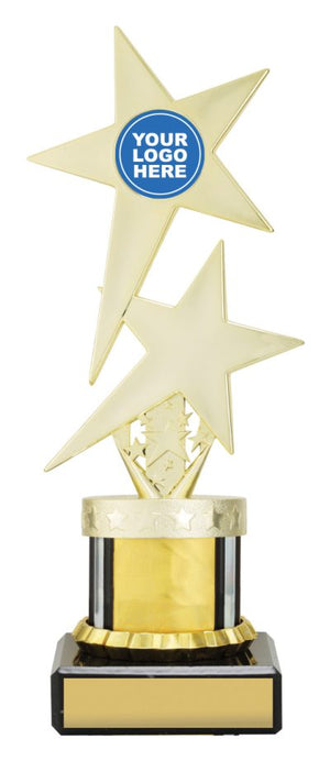 Gold Twin Star with Logo dance trophies - eagle rise sports