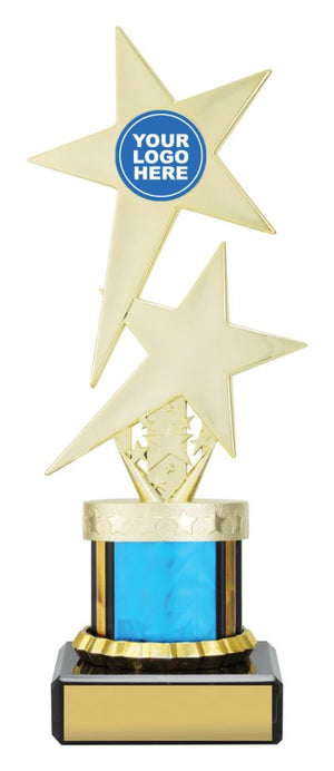 Blue Twin Star with Logo dance trophy - eagle rise sports