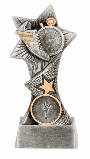 Antique silver Dyna Series track trophy with gold highlights and a customizable 25mm center insert.