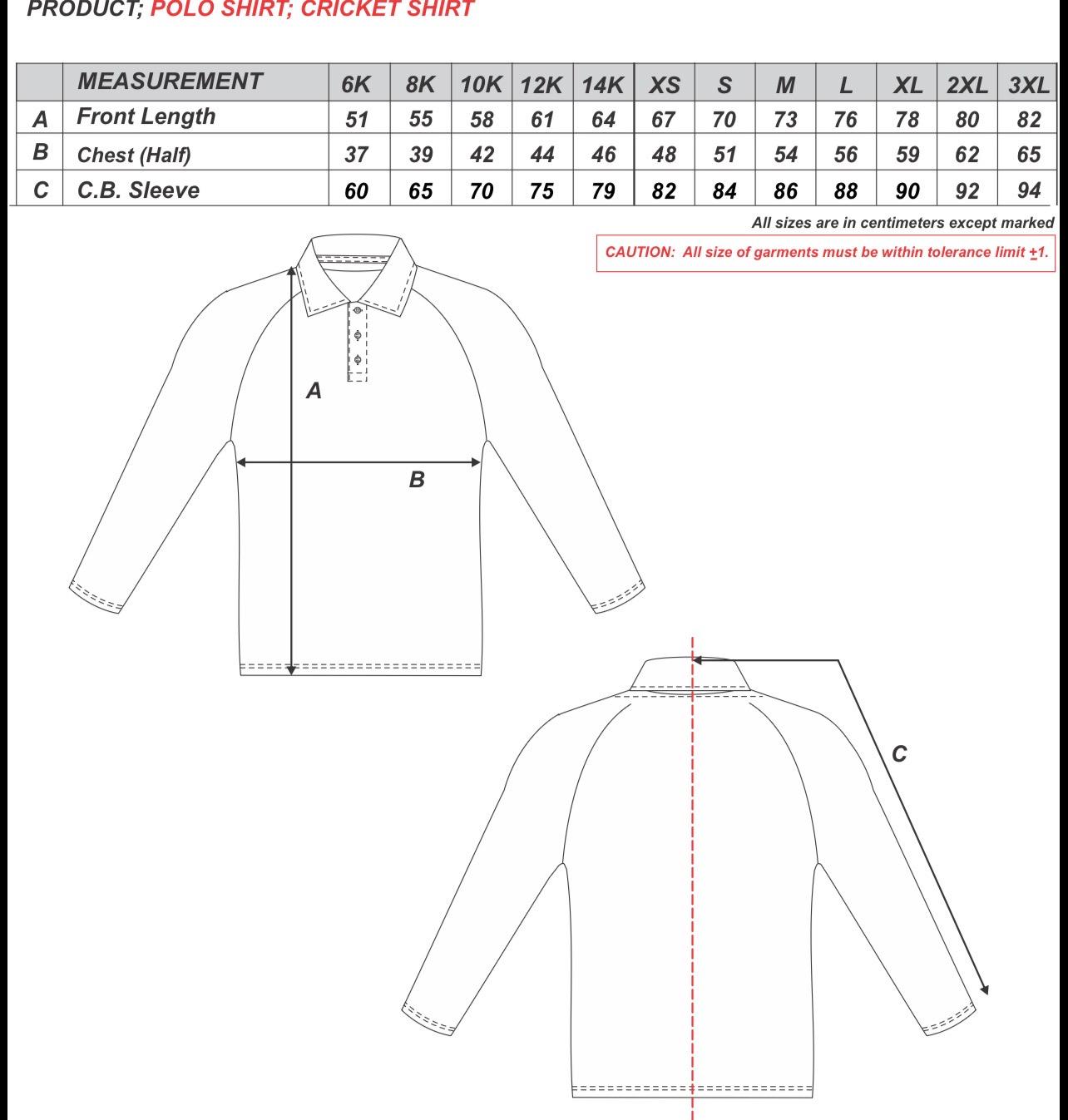 Size chart for Monash Morrow Playing Shirt Long Sleeve I SENIORS