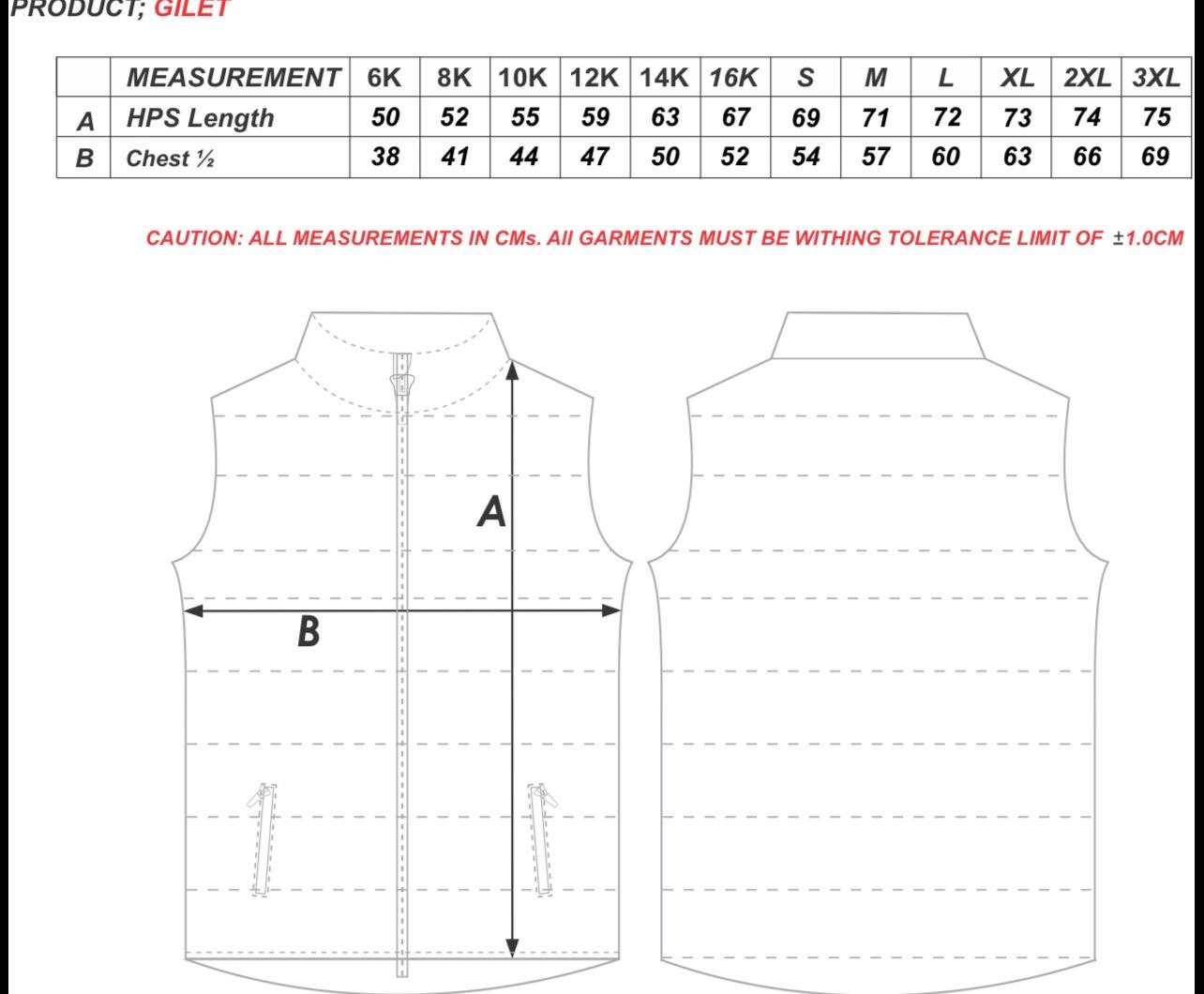 Size chart for Notting Hill BP Puffer Vest I UNISEX I SENIORS & JUNIORS