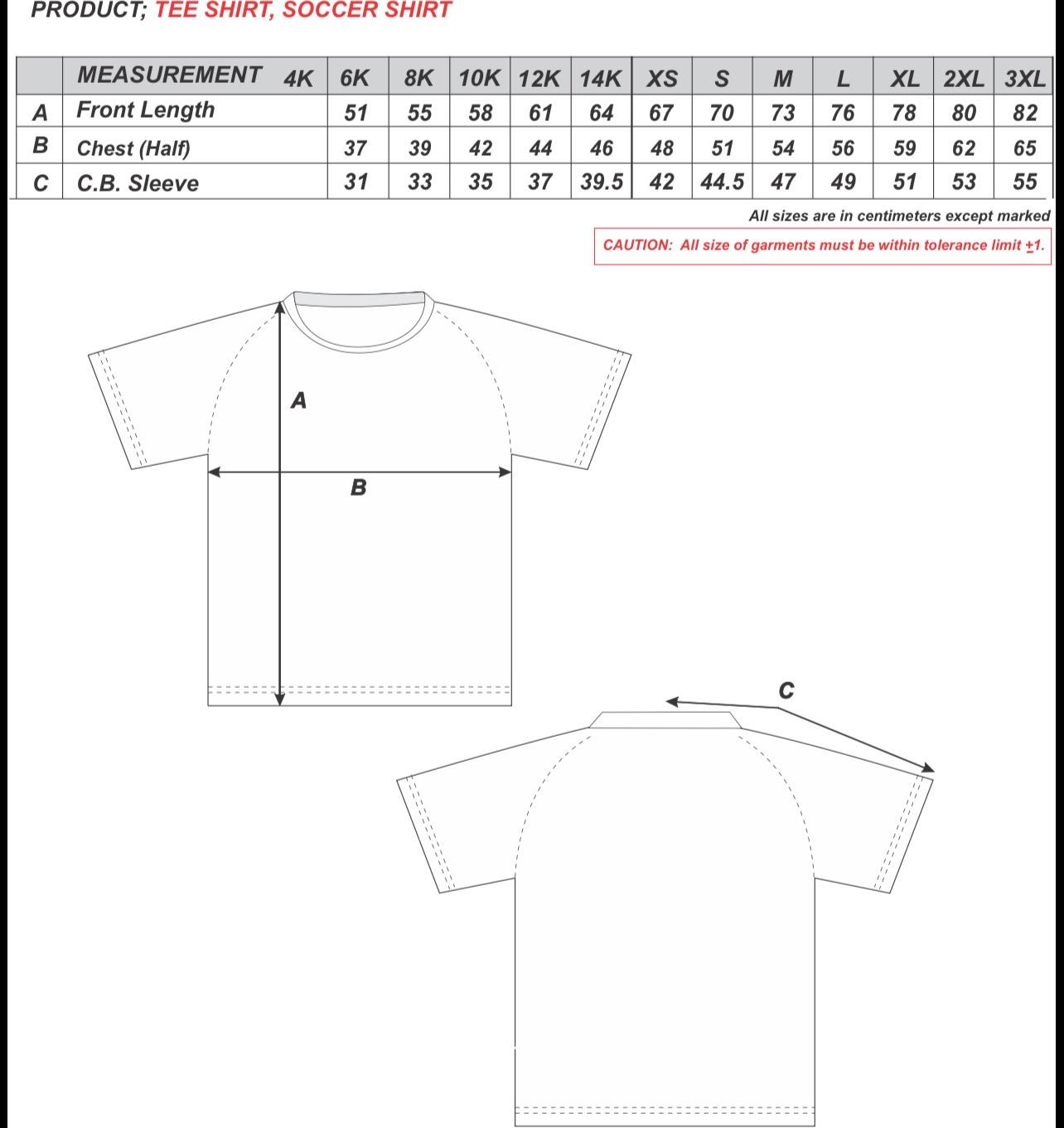 Size chart for Edinburgh Training Shirt SS I SENIORS & JUNIORS