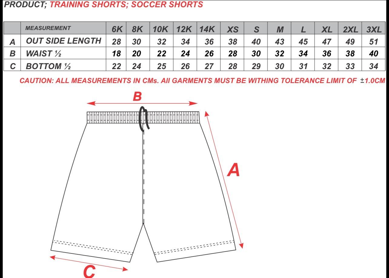 Size chart for Monash Morrow Training Shorts