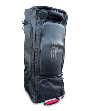 ERS Ultimate Duffle Wheelie Cricket Kit Bag in black and gold colorway, full view.