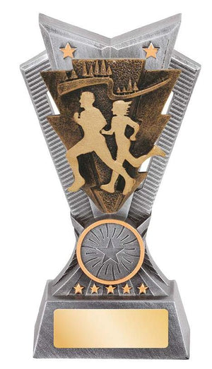 Electra II Series cross country running trophy with dynamic trail graphics and customizable center insert recess.