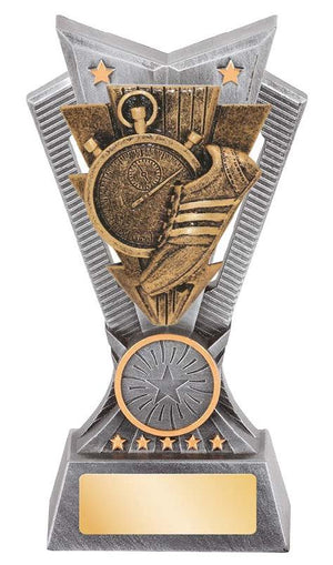 Electra II Series track trophy featuring modern athletic framing, gold accents, and a customizable 25mm center insert.