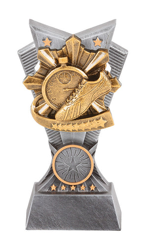Electra Series track trophy featuring a bold athletic design and customizable 25mm center insert.