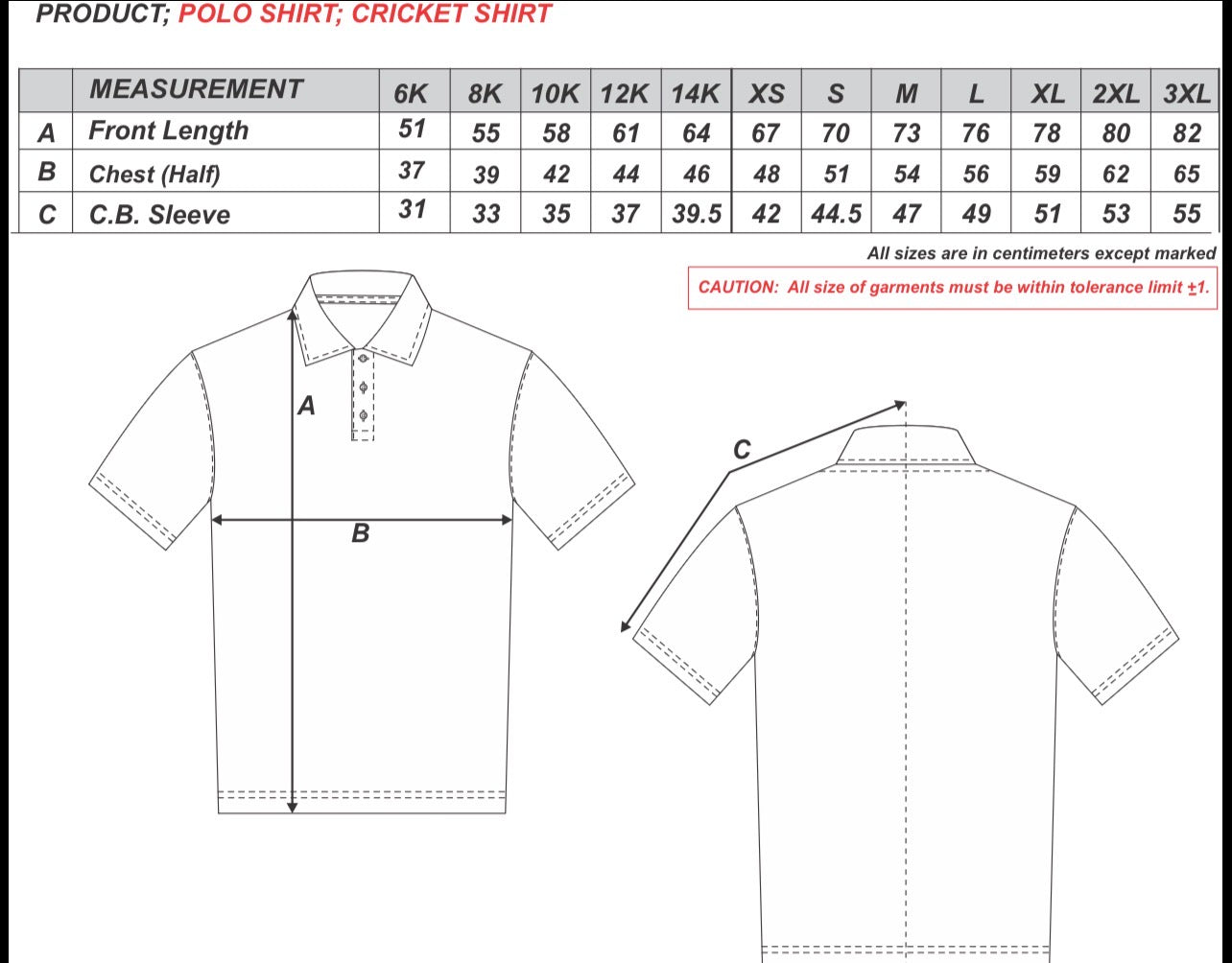 Size chart for Mitcham Cricket Club One Day Short Sleeve Top