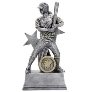 Detailed female baseball player trophy in antique pewter finish mounted on a solid base with a custom laser-engraved metal plate.
