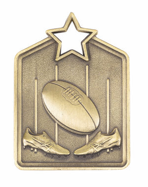 Antique gold Galaxy Series rectangular award medal featuring cosmic star accents and a high-relief Australian Rules football motif.