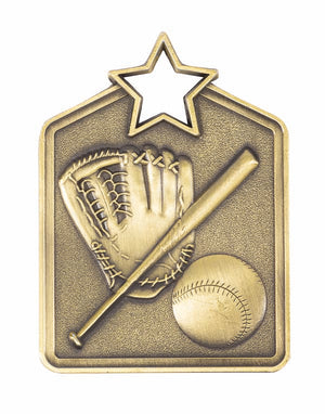 Galaxy Series rectangular star-framed baseball and softball award medals shown in antique gold, antique silver, and bronze finishes.
