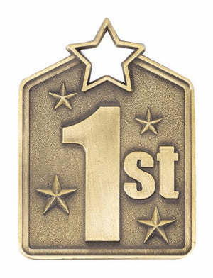 Antique gold Galaxy Series rectangular award medal featuring star accents, activity motif, and a top mounting slot.