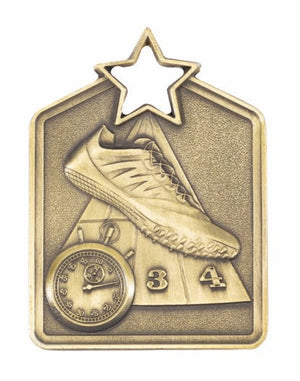 Galaxy Series track medal in antique gold featuring starburst perimeter and high-relief sprinter motif